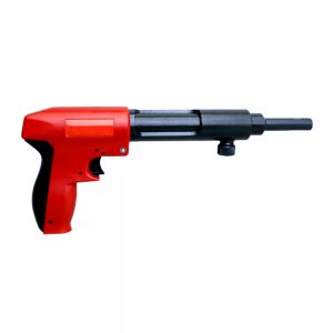 Pistola de aire comprimido en color rojo y negro utilizada para trabajos de pintura y acabados en construcción.