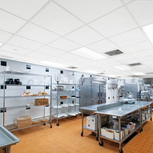 Plafón de cielo raso en cocina industrial, sistema de techos desmontables para ventilación y estética moderna en ambientes comerciales.