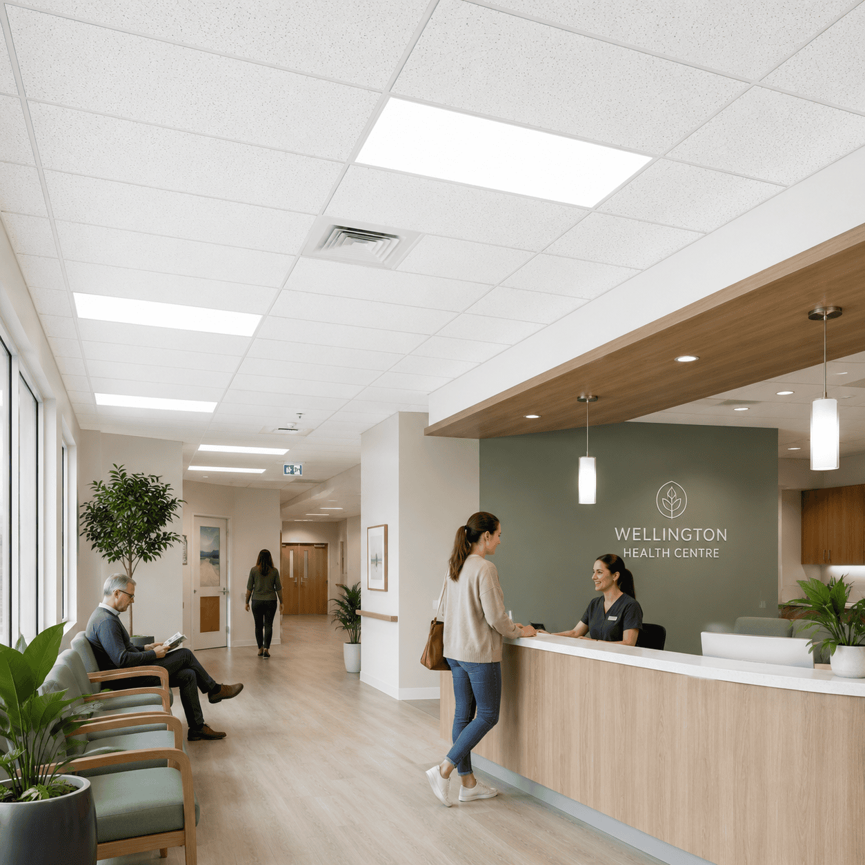 Cielo raso con baldosa Dunn Skyrock instalado en recepción de centro de salud